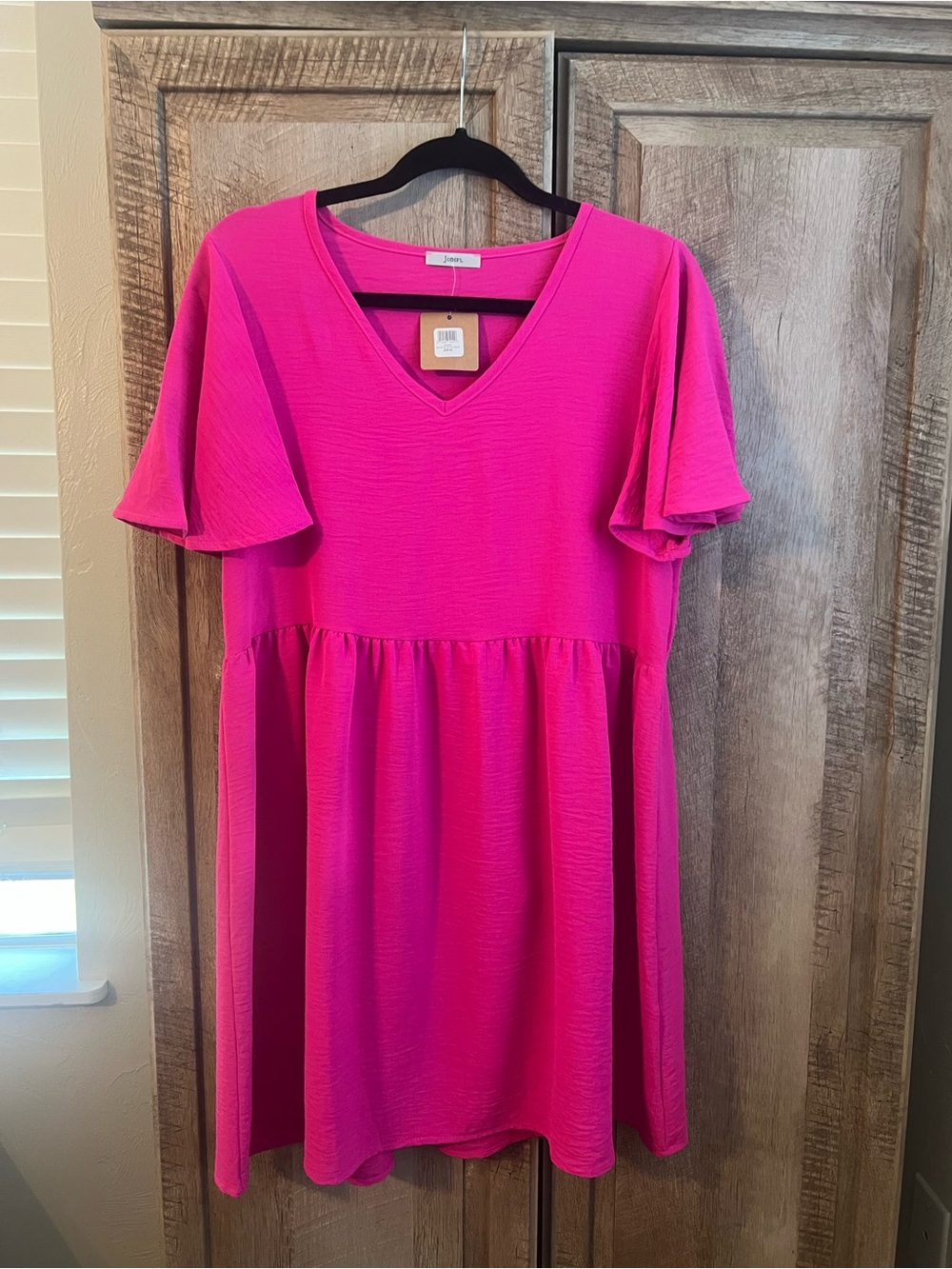 Bright Fuchsia V-Neck Ruffle Sleeve Dress